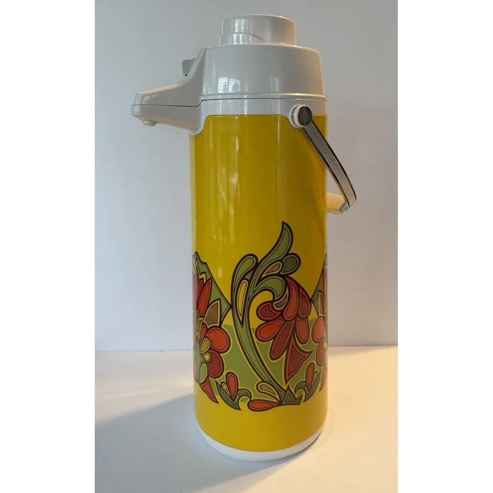Vintage 70s Japan Airpot Pump Thermos MCM Mod Flower Power Yellow Green Orange